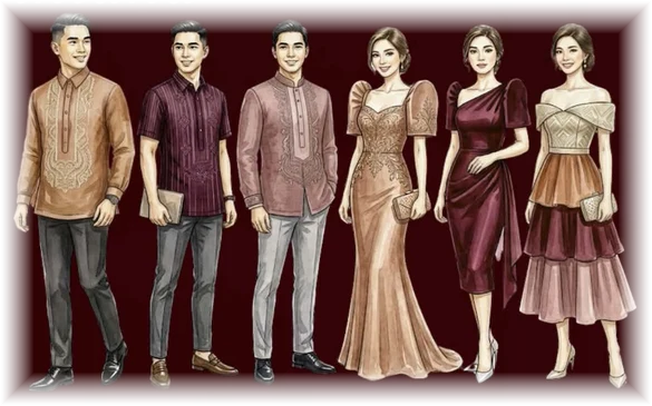 Attire guide: three gentlemen in barong Tagalog and three ladies in modern Filipiniana gowns in champagne, burgundy and rose
