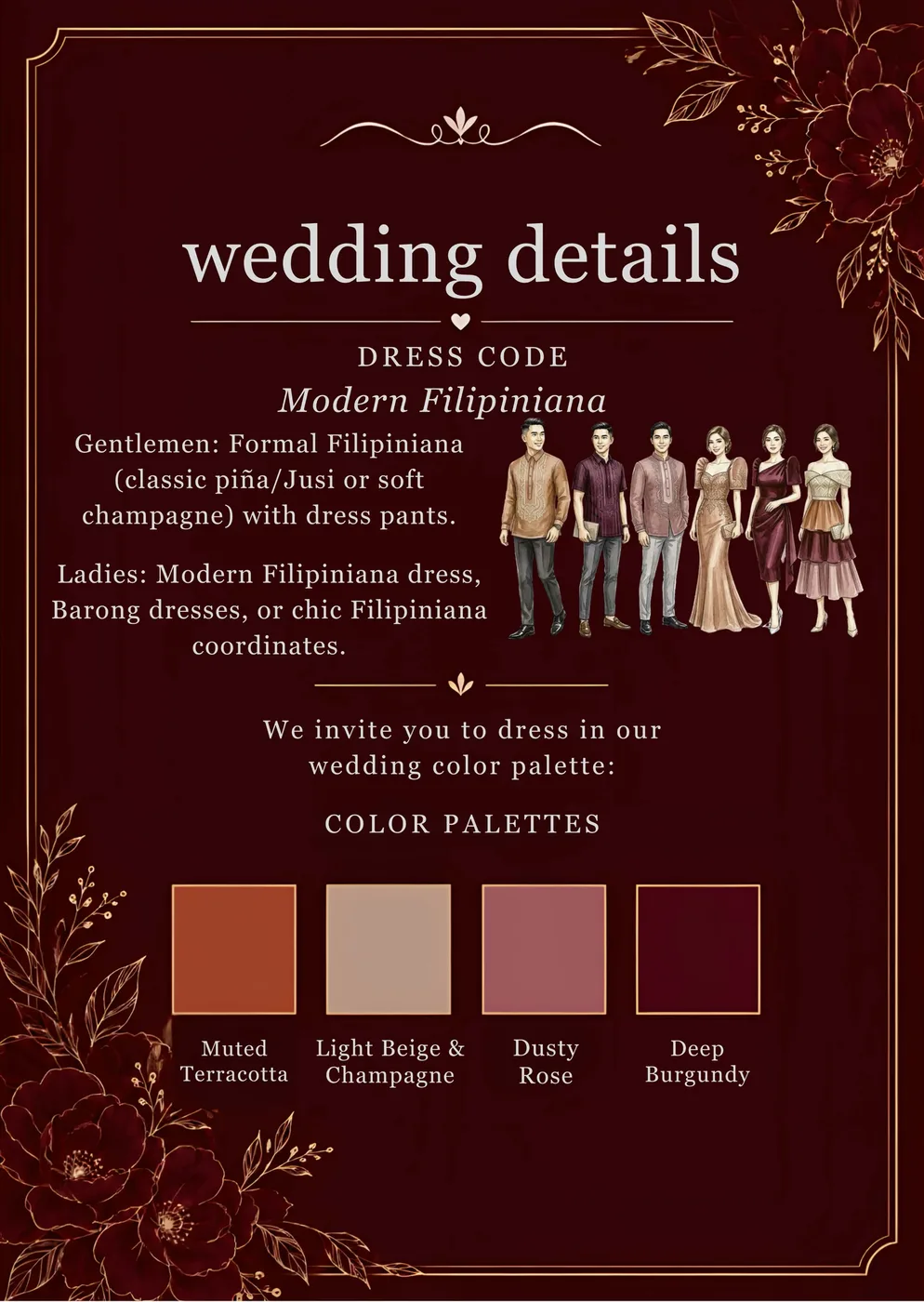 Invitation page 3: dress code and color palette